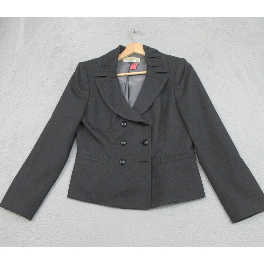 Tahari‎ Arthur S Levine Blazer Jacket Womens 8P Gray Ruffle Trim Double Breasted